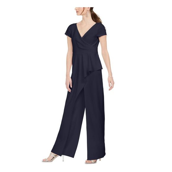 ADRIANNA PAPELL Womens Navy Zippered Ruffled Cap Sleeve Wide Leg Jumpsuit 6 - Picture 1 of 1